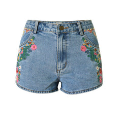 Jeansshorts mit Blumenstickerei im Boho-Stil und hoher Taille - Blau