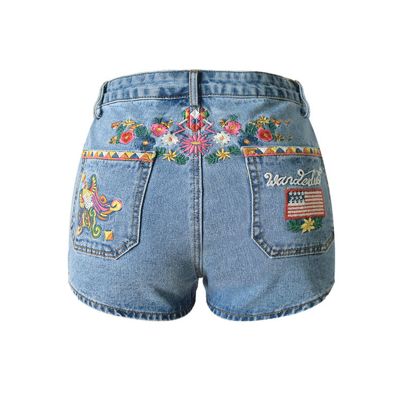 Jeansshorts mit Blumenstickerei im Boho-Stil und hoher Taille - Blau