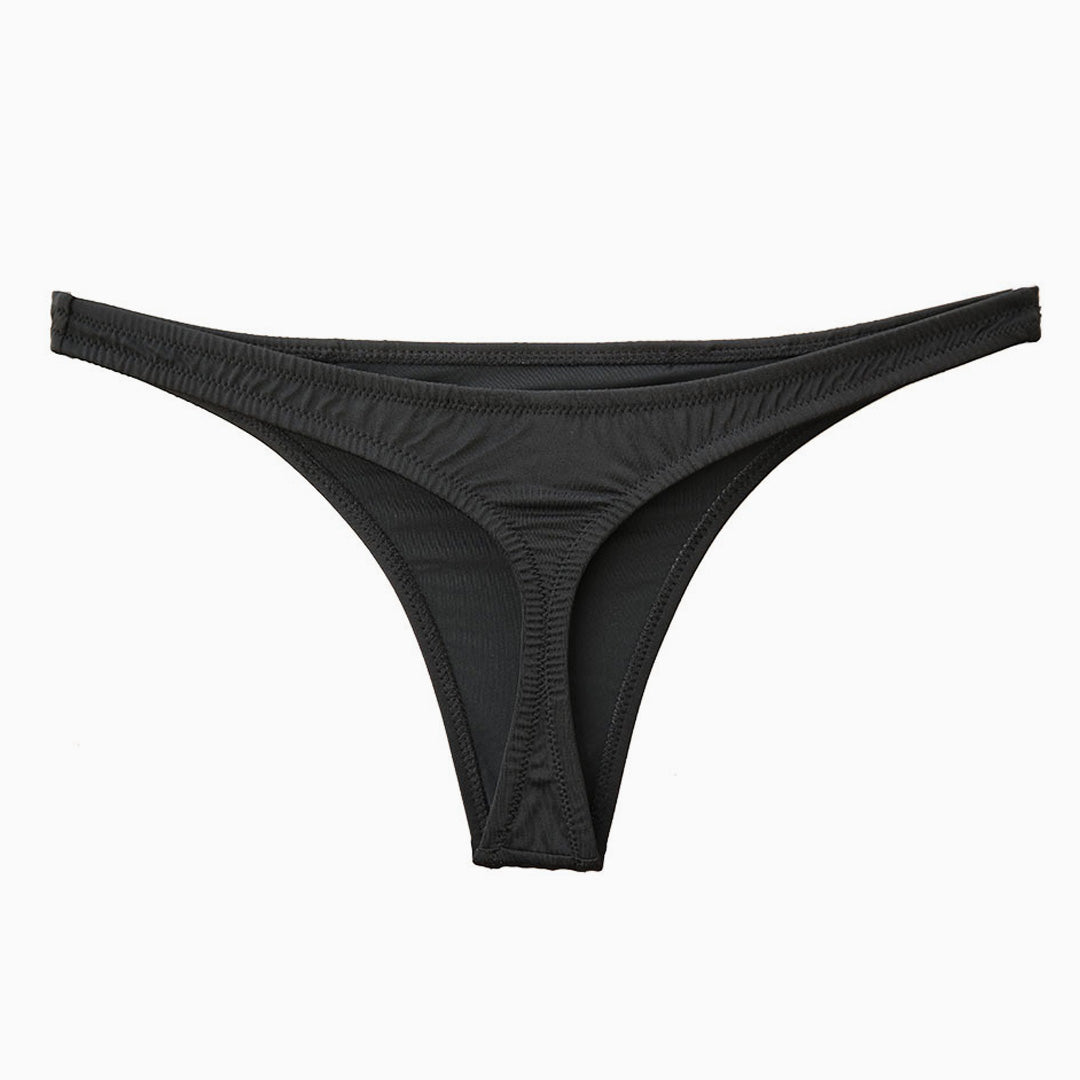 Brasilianischer, einfarbiger, hoch geschnittener, gerüschter Bikini-Tanga - Schwarz