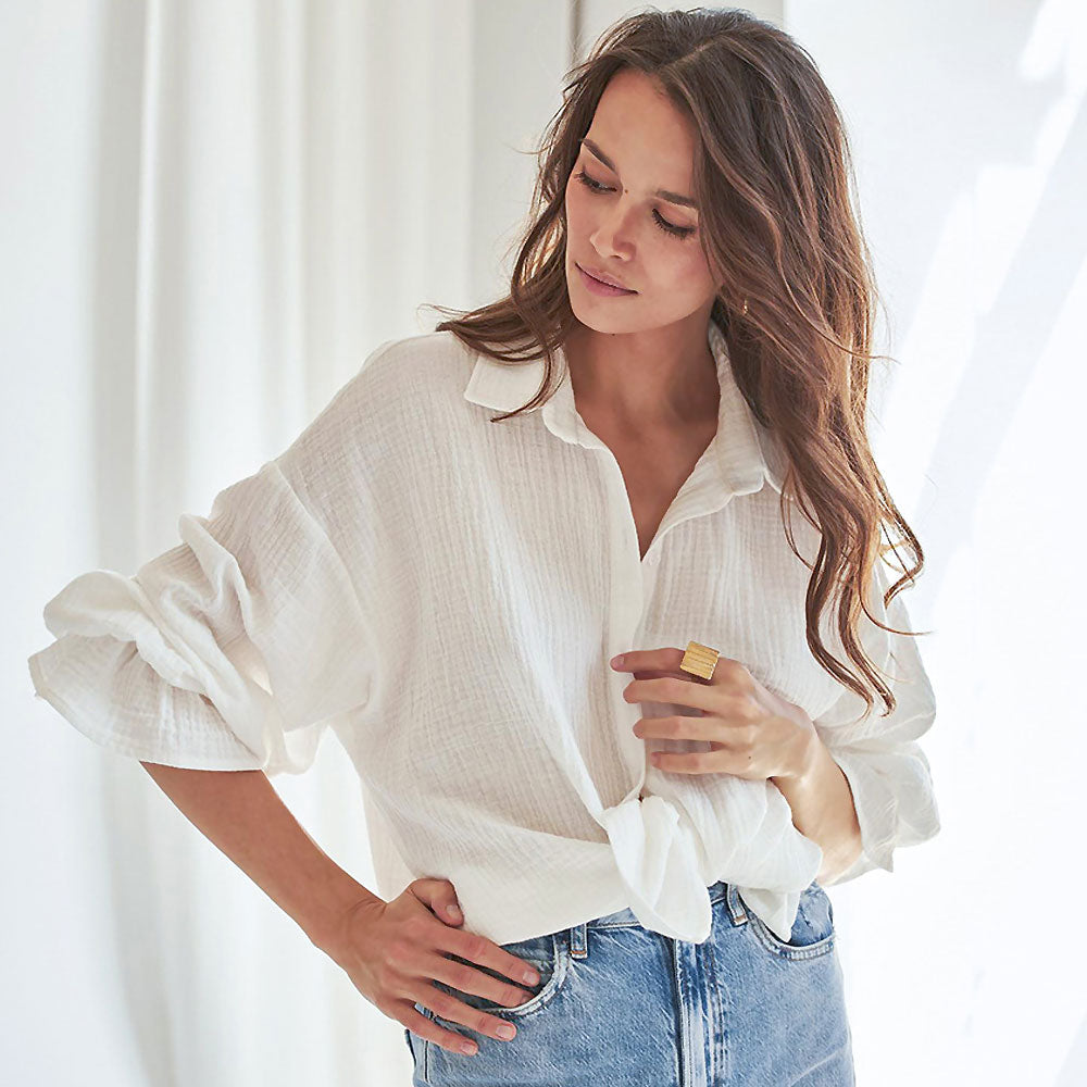 Breathtaking Textured Ruffle Drop Shoulder Button Up Collared Blouse - White