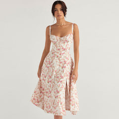 Luftiges, geblümtes Midi-Sommerkleid mit Schnürung hinten und Schlitz - Rosa