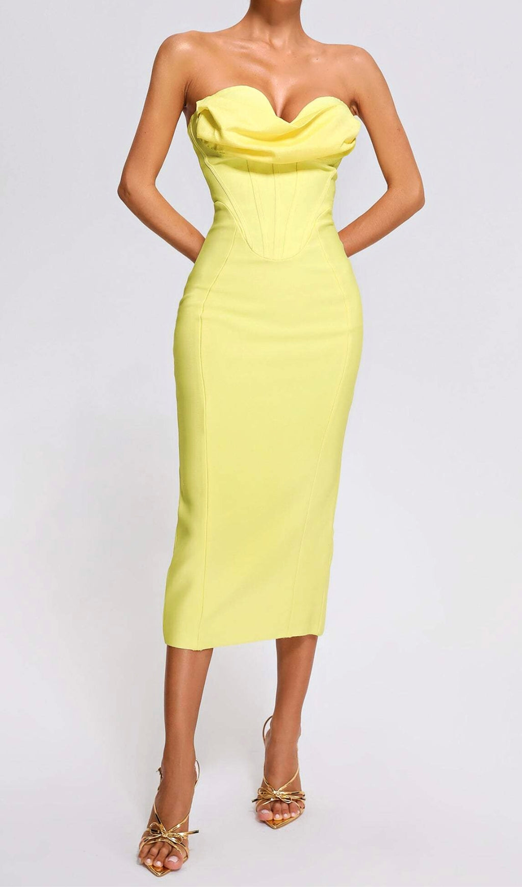 Yellow Strapless Bandage Midi Dress