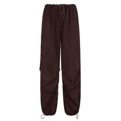 Casual Low Waist Drawstring Ruched Trim Baggy Cargo Pants - Brown