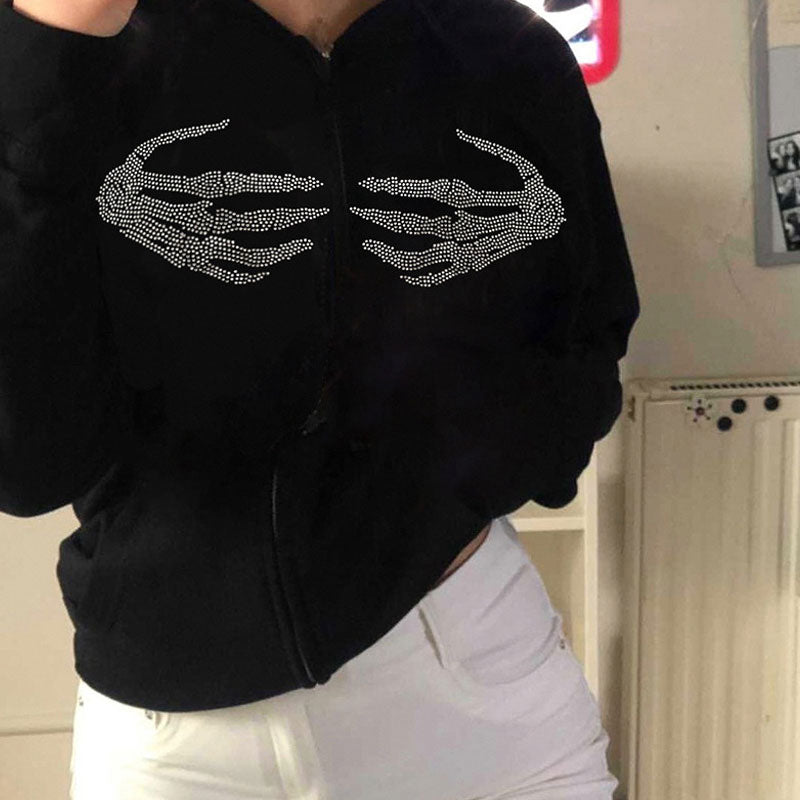 Sweat à capuche décontracté à manches longues avec fermeture éclair et motif squelette en strass - Noir