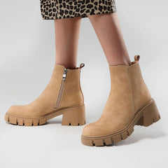 Chelsea Style Faux Leather Lug Sole Block Heel Ankle Boots - Khaki