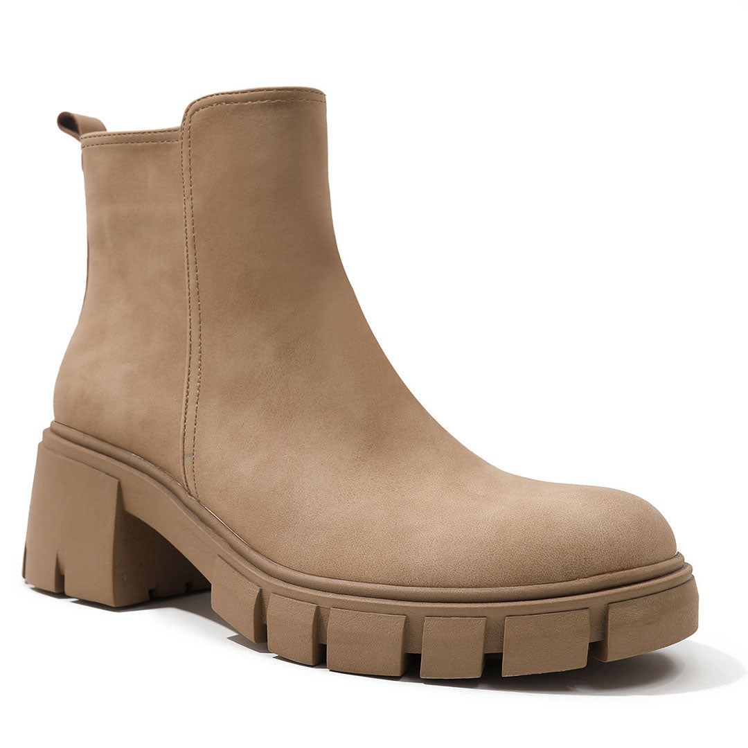 Chelsea-Stiefeletten aus Kunstleder mit Profilsohle und Blockabsatz - Khaki