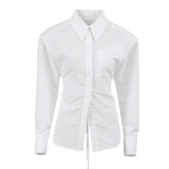 Chic Button Up Shoulder Pad Pointed Collar Tie String Backless Blouse - White