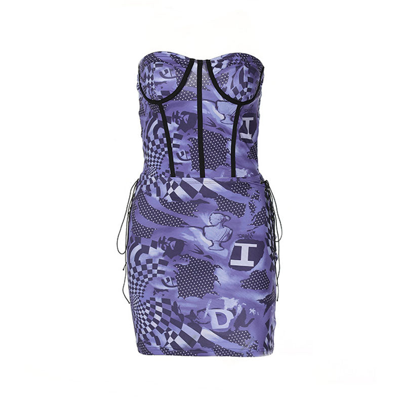 Ensemble assorti haut court bustier à lacets et mini-jupe moulante à carreaux chic - Violet