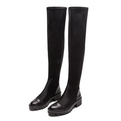 Chic Faux Leather Panel Trim Lug Sole Over The Knee Boots - Black