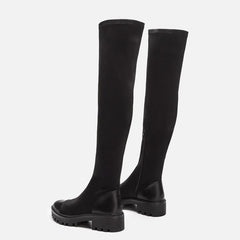 Chic Faux Leather Panel Trim Lug Sole Over The Knee Boots - Black