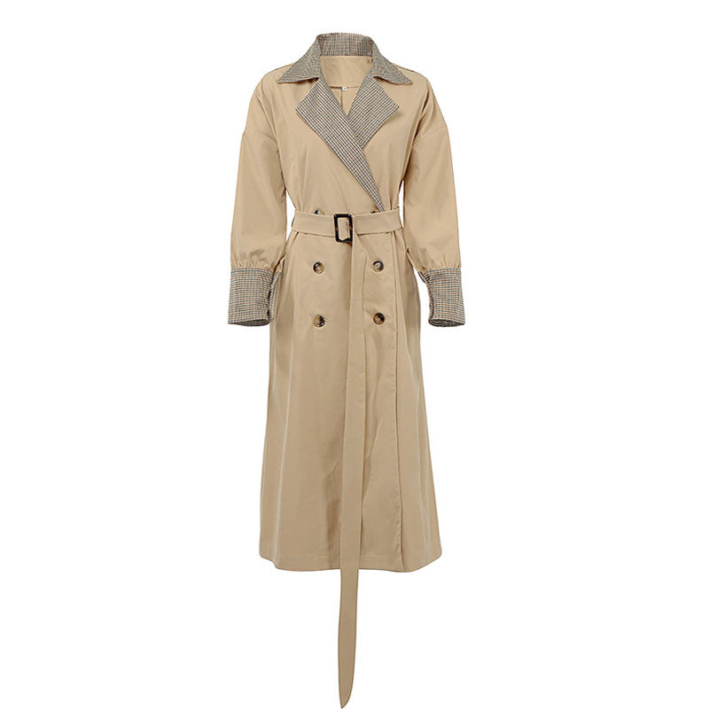 Schicker, zweireihiger Trenchcoat mit Gingham-Print und Gürtel - Khaki