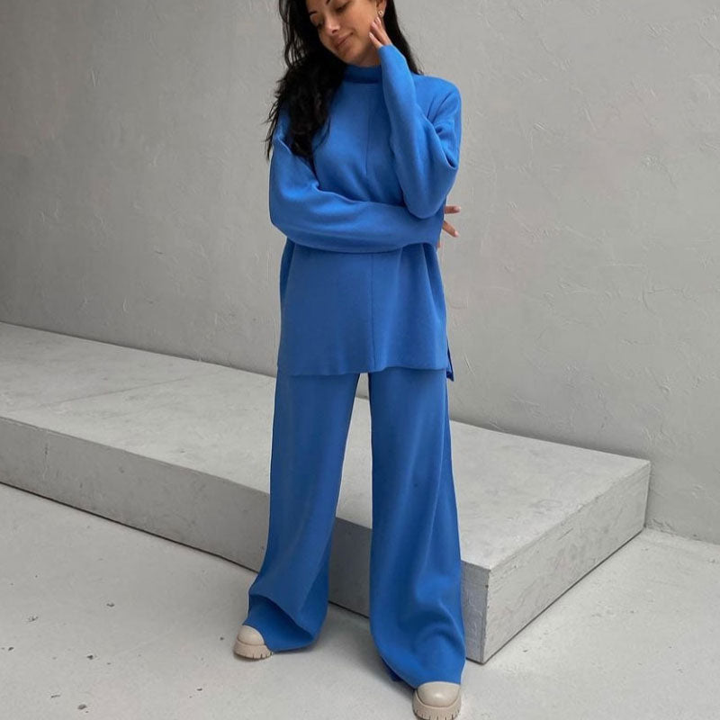 Chic High Neck Rib Knit Pullover Sweater Wide Leg Pants Matching Set - Blue