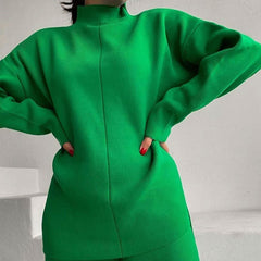 Chic High Neck Rib Knit Pullover Sweater Wide Leg Pants Matching Set - Green