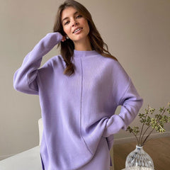 Chic High Neck Rib Knit Pullover Sweater Wide Leg Pants Matching Set - Purple