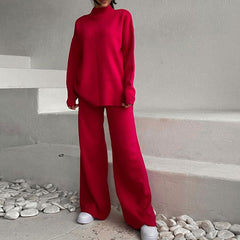 Chic High Neck Rib Knit Pullover Sweater Wide Leg Pants Matching Set - Red