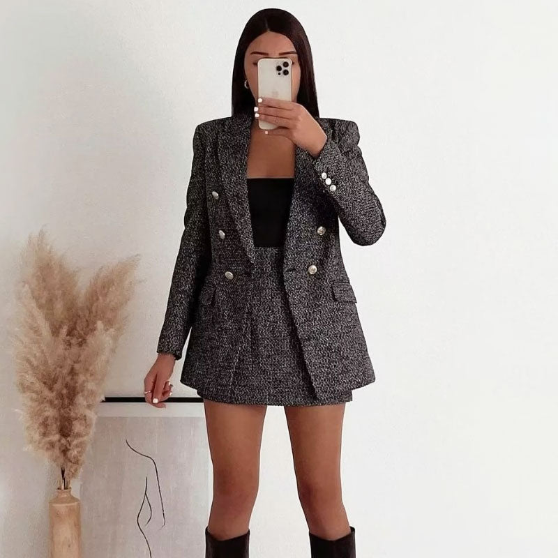 Schicker Reverskragen Zweireihiger Langarm Longline Tweed Blazer - Grau