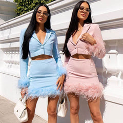 Chic Long Sleeve Crop Blazer Feather Trim Mini Skirt Matching Set - Blue