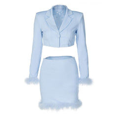 Chic Long Sleeve Crop Blazer Feather Trim Mini Skirt Matching Set - Blue