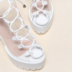 Chic PVC Lace Up Peep Toe Lug Sole Chunky High Heel Platform Boots - White