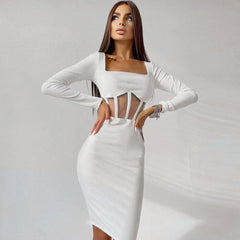 Chic Square Neck Long Sleeve Mesh Panel Rib Knit Midi Dress - White