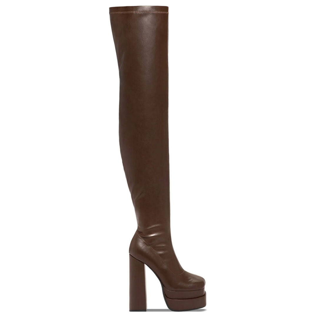 Schicke Overknee-Stiefel mit quadratischer Zehenpartie und Plateausohle und klobigem High Heel - Kaffee