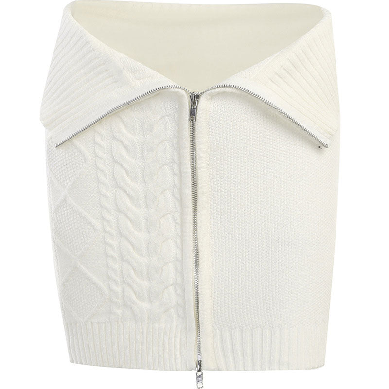 Chic Textured Cable Knit Ribbed Trim Foldover Zip Front Mini Skirt - White