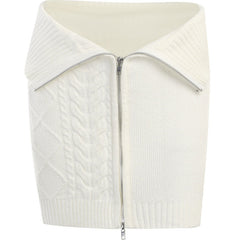 Chic Textured Cable Knit Ribbed Trim Foldover Zip Front Mini Skirt - White