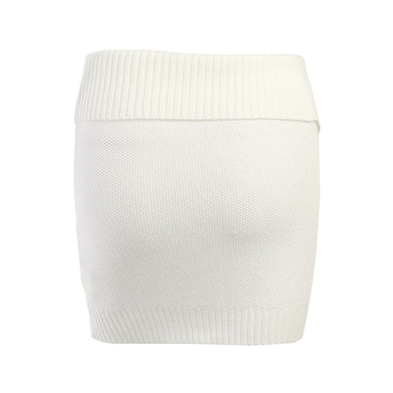 Chic Textured Cable Knit Ribbed Trim Foldover Zip Front Mini Skirt - White