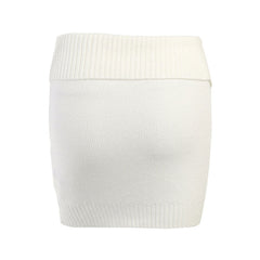 Chic Textured Cable Knit Ribbed Trim Foldover Zip Front Mini Skirt - White