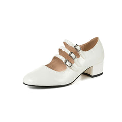 Classic Buckle Strap Patent Leather Block Heel Mary Jane Pumps - White