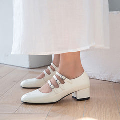 Classic Buckle Strap Patent Leather Block Heel Mary Jane Pumps - White