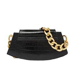 Classic Gold Tone Chunky Chain Croco Embossed Shoulder Bag - Black