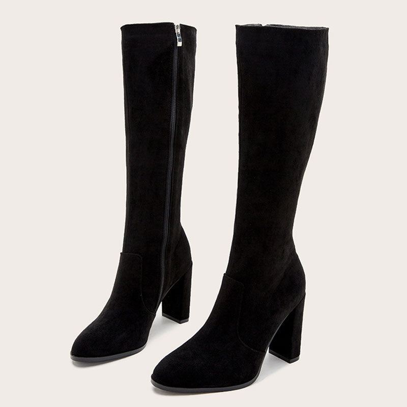 Classic Pointed Toe Chunky High Heel Suede Knee High Boots - Black
