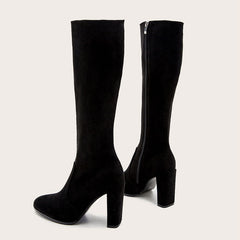 Bottes classiques à bout pointu et talons hauts épais en daim - Noir