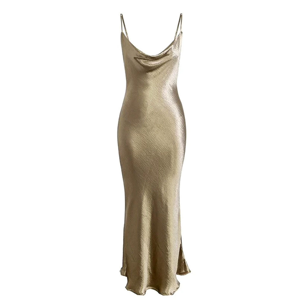 Classy Cowl Neck Tie String Backless Silky Slip Maxi Dress - Champagne DVL Shop Classy Cowl Neck Tie String Backless Silky Slip Maxi Dress - Champagne DVL Shop
