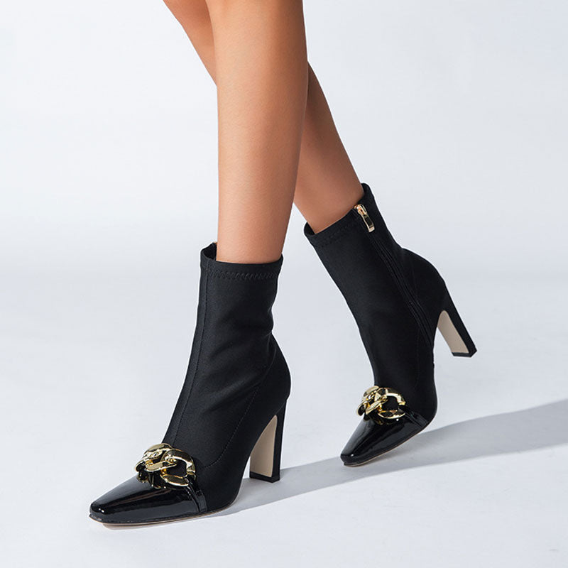 Contrast Metal Chain Pointed Toe High Heel Sock Ankle Boots - Black