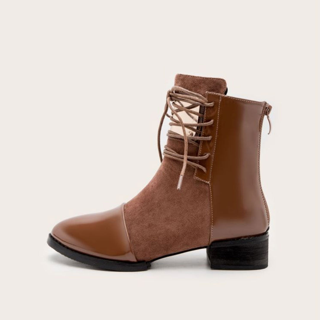 Bottines à lacets en similicuir avec empiècement contrasté et bordure métallique - Marron