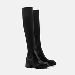 Contrast Panel Trim Lug Sole Chunky Heel Knit Knee High Sock Boots - Black