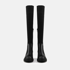 Contrast Panel Trim Lug Sole Chunky Heel Knit Knee High Sock Boots - Black