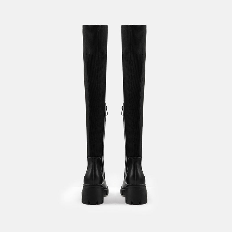 Contrast Panel Trim Lug Sole Chunky Heel Knit Knee High Sock Boots - Black