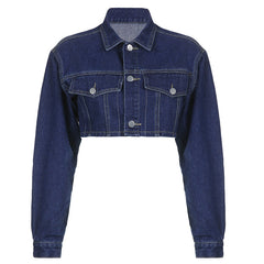 Cool Collared Long Sleeve Button Up Flapped Crop Denim Jacket - Blue