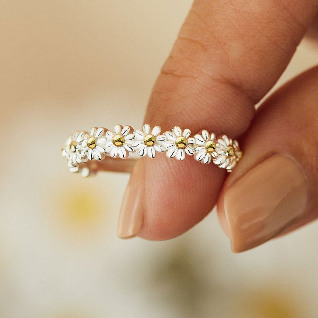 Bague en chaîne à marguerites plaquée bicolore de style Cottagecore - Argent