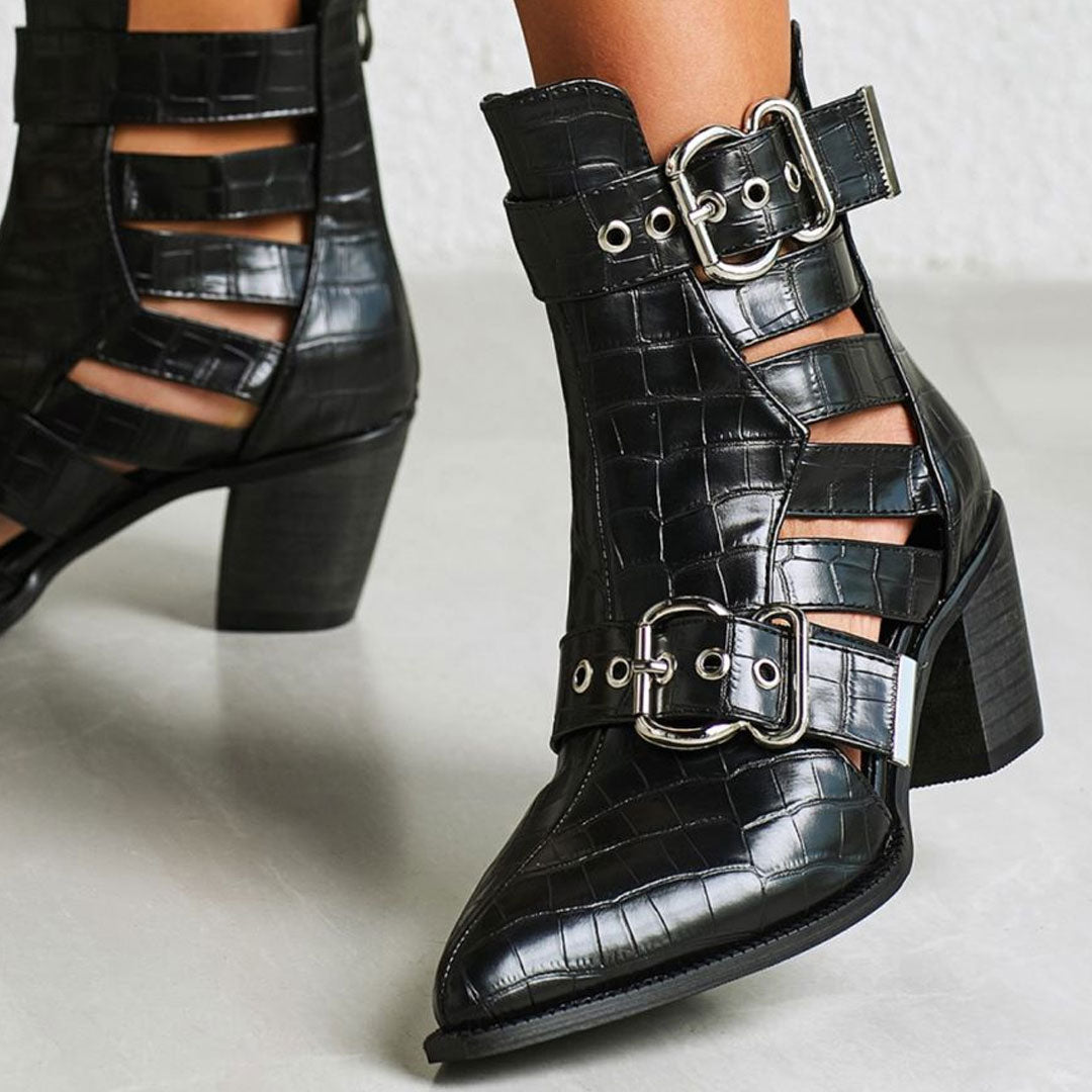 Crocodile Embossed Cutout Trim Metallic Buckle Block Heel Ankle Boots - Black