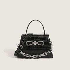 Crystal Bowknot Animal Pattern Chain Trim Faux Leather Handle Bag - Black