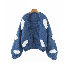 Cute Cloud Studded Bishop Sleeve Open Front Cardigan - Blue