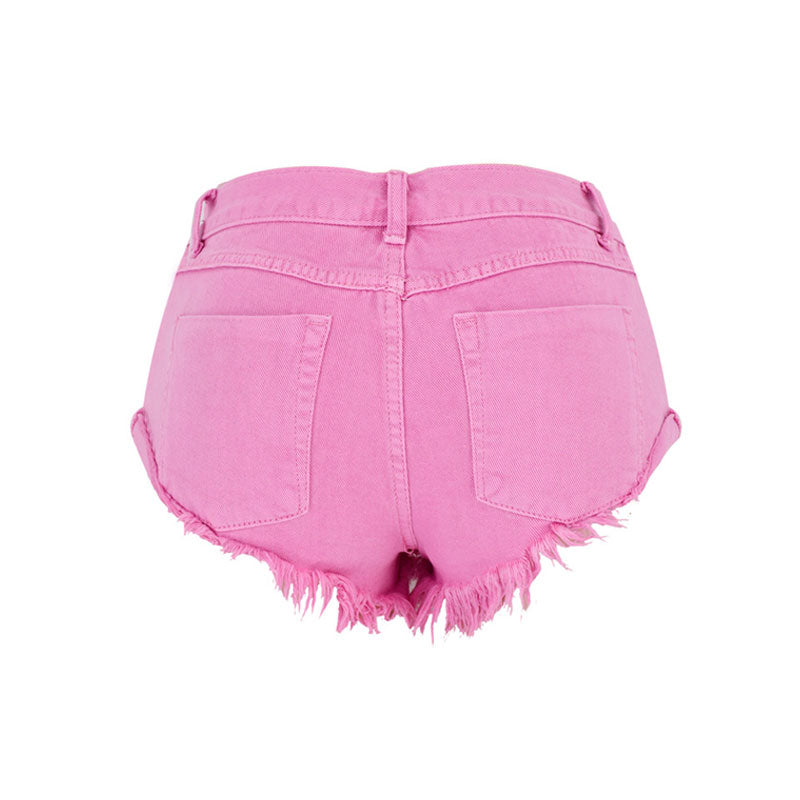 Short en jean taille basse couleur macaron mignon et vieilli - Rose