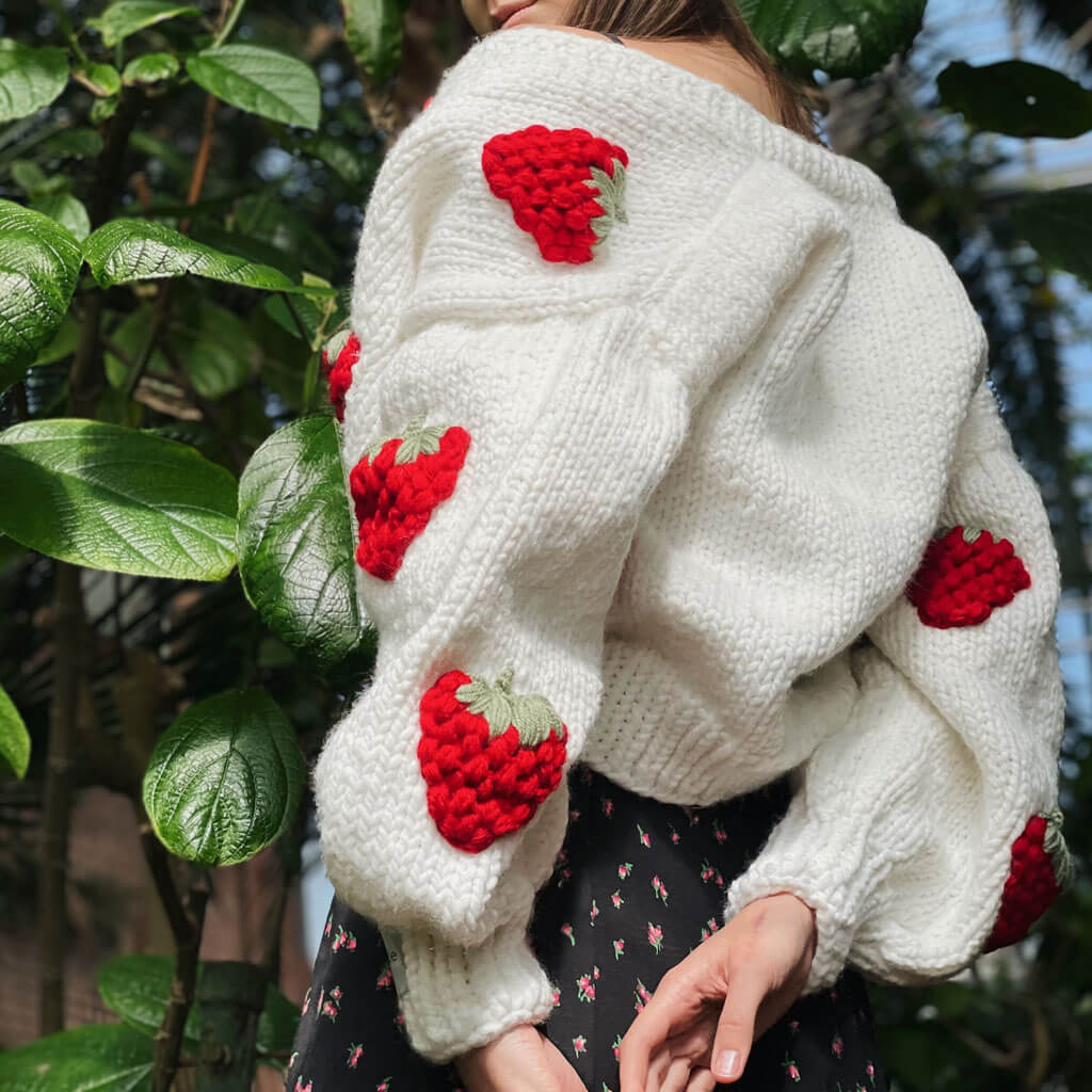 Cute Strawberry Studded Bishop Sleeve Button Up Cardigan - White