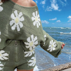 Ensemble pull-over et short en tricot à imprimé floral mignon - Vert