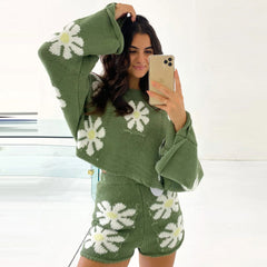 Ensemble pull-over et short en tricot à imprimé floral mignon - Vert