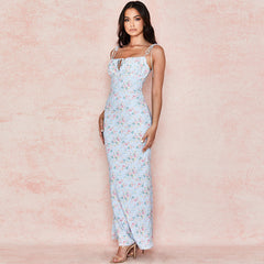 Daisy Printed Floss Strap Tied Bustier Slip Maxi Dress - Blue